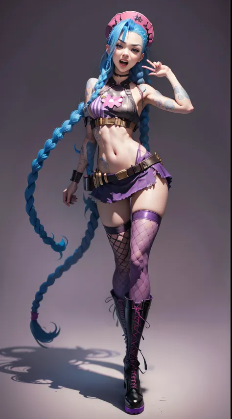 Jinx nurse，nurse hat，white colors,(nurse costume)，Rose tattoo，big laughter，Blue twist braid，With a huge needle，The needle stands taller than a person。Runaway Lori，League of Legends ，de cuerpo completo，(kneehigh boots)),purpleish color，(fishnet leggings),(s...