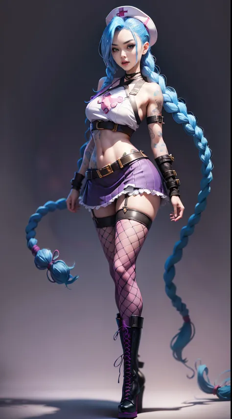 Jinx nurse，nurse hat，(White nurse costume)，Rose tattoo，big laughter，Blue twist braid，With a huge needle，The needle stands taller than a person。Runaway Lori，League of Legends ，de cuerpo completo，(kneehigh boots)),purpleish color，(fishnet leggings),(standing...