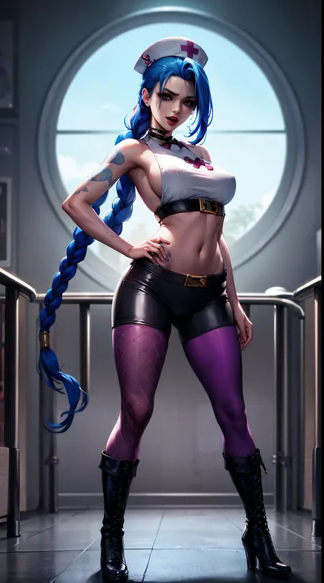 Jinx nurse，nurse hat，(White nurse costume)，Rose tattoo，big laughter，Blue twist braid，With a huge needle，The needle stands taller than a person。Runaway Lori，League of Legends ，de cuerpo completo，(kneehigh boots)),purpleish color，(fishnet leggings),(standing...