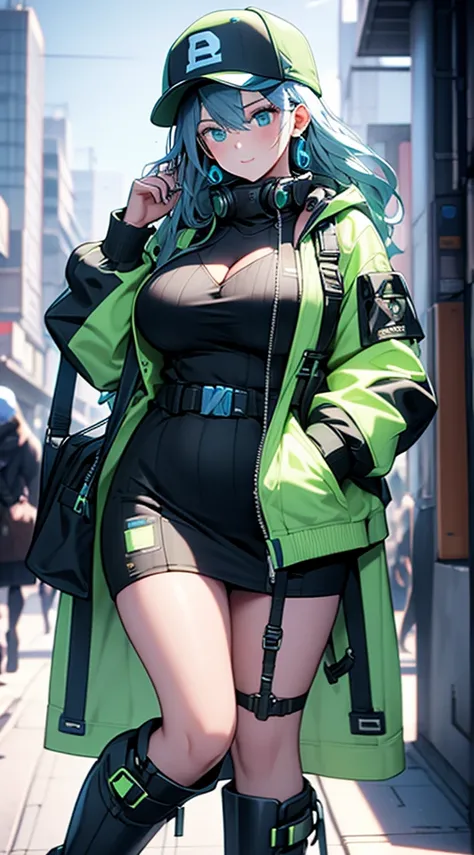 blue hair delivery girl. cyberpunked. long boots beautiful girl. Plump body. Colossal tits. thighs thighs thighs thighs、Close-up of people、A slight smil、Boulevards of large cities、black jacket with light green lines、Baseball Cap、White inner suit、