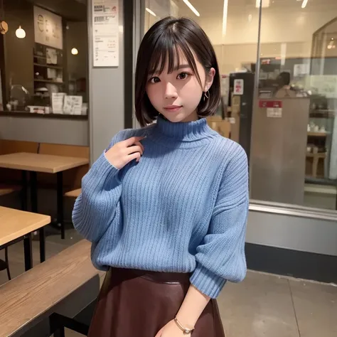 1womanl、20yr old、cafes、Wearing a sweater、skirt by the、Shorthair、Photorealsitic、Yoshiko Akishino