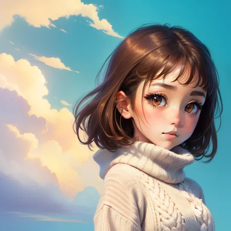 Loli, anime style, big brown eyes, short straight brown hair, cute, white sweater