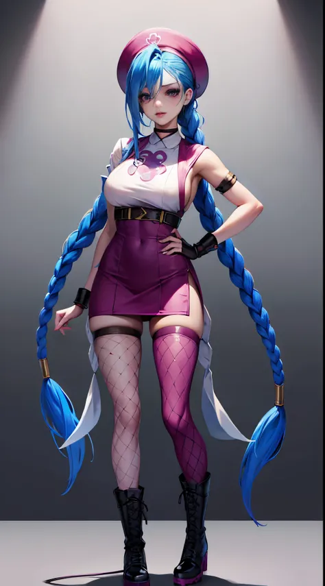 Jinx nurse，nurse hat，(White nurse costume)，Rose tattoo，big laughter，Blue twist braid，With a huge needle，The needle stands taller than a person。Runaway Lori，League of Legends ，de cuerpo completo，(kneehigh boots)),purpleish color，(fishnet leggings),(standing...