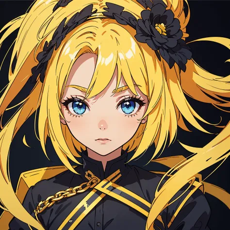 Perfect proportion, masterpiece, high quality, high details, (yellow hair), (1woman),blue eyes. ((medium hair)). all black background. Close up to face. Face datailed.[[[PERFECT EYES]]].