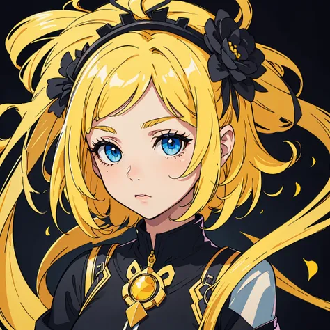 Perfect proportion, masterpiece, high quality, high details, (yellow hair), (1woman),blue eyes. ((medium hair)). all black background. Close up to face. Face datailed.[[[PERFECT EYES]]].