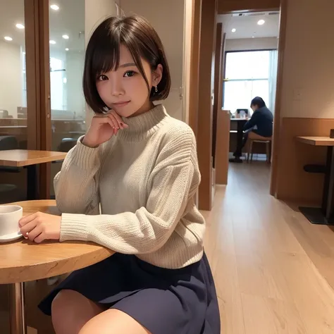 1womanl、20yr old、cafes、Table seating、Wearing a sweater、skirt by the、Shorthair、Photorealsitic、Yoshiko Akishino