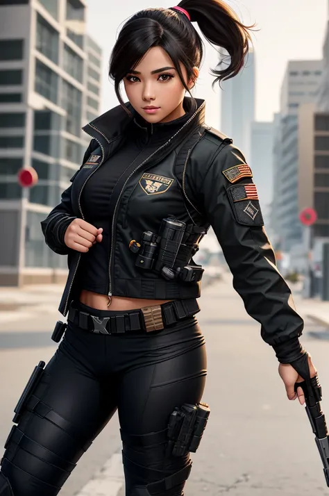 beautiful girl, cap, ponytail hair, snickers, weapon, 1girl, full body, 8K, gloves, tactical, sport jacket, operator, warzone, sport pants, black hair, high resolution, sharp image, leggins