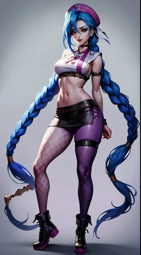 Jinx nurse，nurse hat，(White nurse costume)，Rose tattoo，big laughter，Blue twist braid，With a huge needle，The needle stands taller than a person。Runaway Lori，League of Legends ，de cuerpo completo，(kneehigh boots)),purpleish color，(fishnet leggings),(standing...