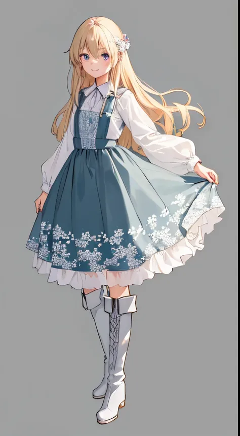 (1girl in), Adult,cute smile face, Elegant,(interview), (Simple background),Beautiful detailed eyes, Delicate beautiful face, Focus on Face, a blond,Longhaire, fluffy hair,Katyusha,Gray background,full body Esbian,is standing,long  skirt,long boots,Floral ...