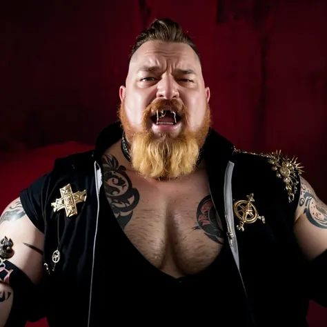 arafed man with a beard and tattoos on his chest, baron harkonnen, fat ripped satanic creature, ! baron harkonnen!, fat ripped satan, gangrel, stocky, action bronson, strongman, billy butcher, profile image, shamanpunk, big moe, boris valejo, big butcher m...