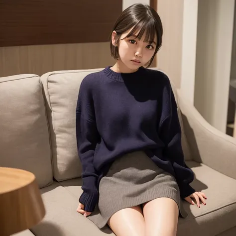 1womanl、20yr old、Hotel、sofa、Wearing a sweater、skirt by the、Shorthair、Photorealsitic、Yoshiko Akishino