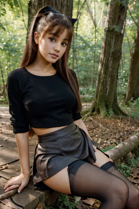 ariana grande, pantyhose, miniskirt, sit, nature