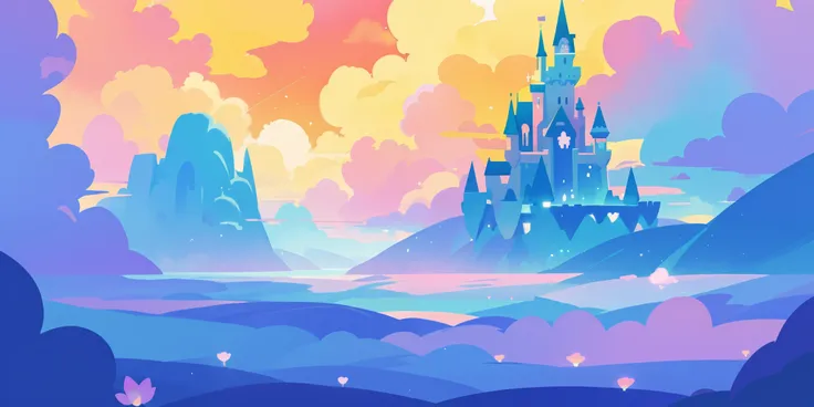 beautiful fantasy landscape, vibrant colors, (((otherworldly landscape))), whimsical landscape, cloud castle, huge clouds, ocean of clouds, watercolor illustration, disney art style, glowing lights, beautiful digital illustration, fantasia otherworldly lan...