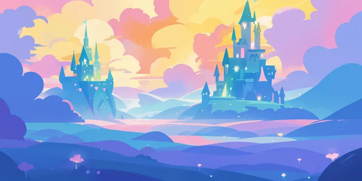 beautiful fantasy landscape, vibrant colors, (((otherworldly landscape))), whimsical landscape, cloud castle, huge clouds, ocean of clouds, watercolor illustration, disney art style, glowing lights, beautiful digital illustration, fantasia otherworldly lan...