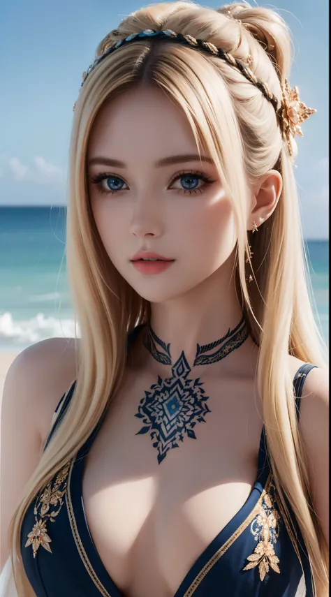 Witness the ultimate masterpiece of art with our AI platform – stunning 8k ultra HD renderings of a beautiful Pakistani woman adorned with intricate tattoos, Play on the beach with blonde hair and piercing blue eyes.