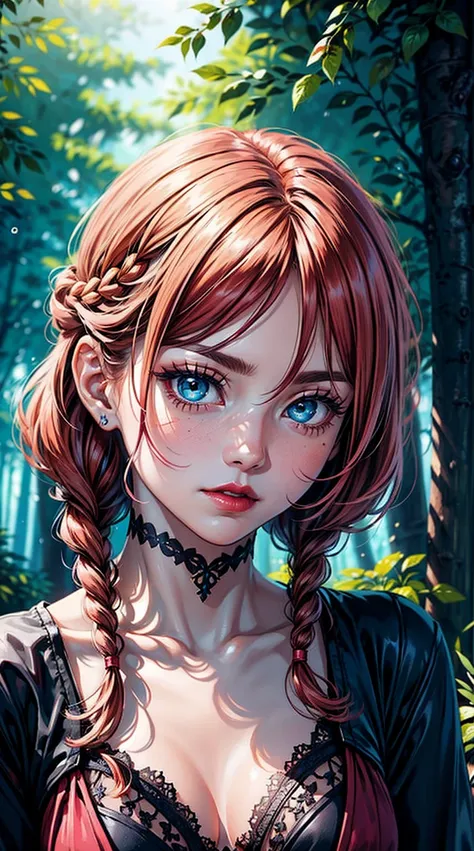 (masterpiece), best quality, expressive eyes, perfect face, upper body, beautiful face, mature woman, focused, beautiful eyes, azure eyes, medium flaming red hair, small braids, elegant dress, magical forest background, front view, close up, pink lipstick,...