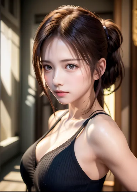 8K, of the highest quality, masutepiece:1.2), (Realistic, Photorealsitic:1.37), of the highest quality, masutepiece, Beautiful young woman, Pensive expression, Gentle eyes, sexy camisole、Hair tied back, Messy mood, Cinematic background,  Light skin tone