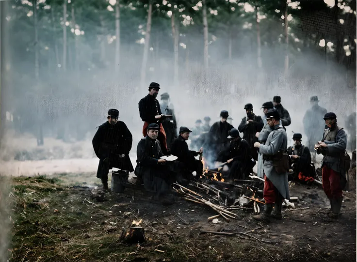 soldiers are gathered around a campfire in a wooded area, colorized photograph, by etienne delessert, colourised, by henri-julie...