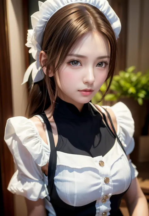 8K, of the highest quality, masutepiece:1.2), (Realistic, Photorealsitic:1.37), of the highest quality, masutepiece, Beautiful young woman, Pensive expression, Gentle eyes, Cute Maid Clothes, Hair tied back, feeling radiant, Cinematic background,, Light sk...