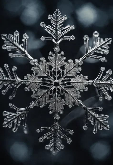 A close-up, macro shot of a delicate snowflake, showcasing its intricate, symmetrical pattern and unique crystalline structure