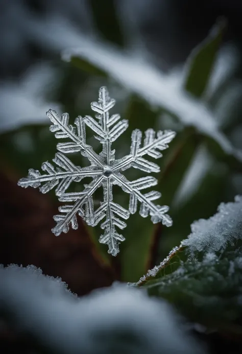 A high-resolution image of a snowflake resting gently on a frosted leaf, capturing the details of its graceful, icy formations