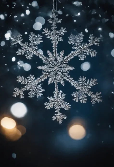 A snowflake in mid-flight, caught in the act of falling against a dark background, highlighting its beautiful, lacy design