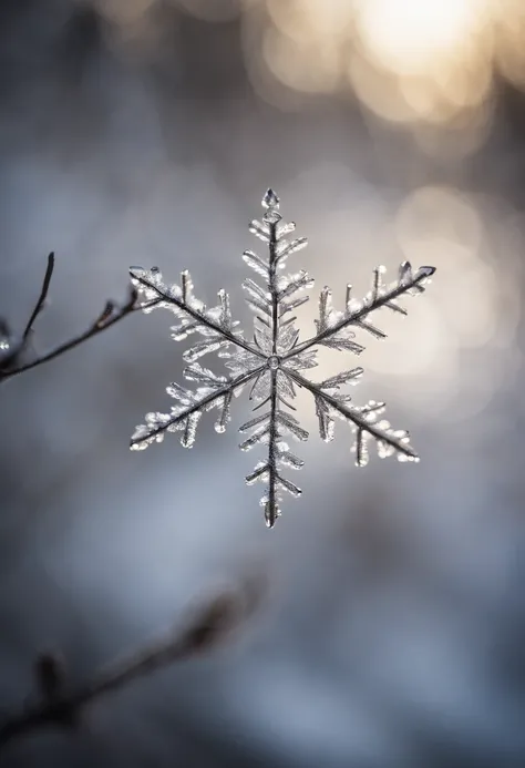 A snowflake caught on a branch, with its crystal-clear structure illuminated by a soft, wintry light.