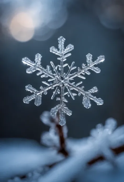 A snowflake caught on a branch, with its crystal-clear structure illuminated by a soft, wintry light.