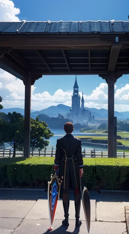 Master Piece, 4k resolution, dymic angle, person standing in middle future city watching some big blue portal to middle big castle, person wearing black suit, right hand holding big long sword, left hand holding future shield