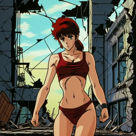 Create a dynamic artwork in a dark, horror comic book style. The scene depicts a hot, appealing 1girl waifu with a ponytail, wearing an armored bikini. She is shown in a torso shot, shooting through a broken window of a run-down house, with explosions arou...