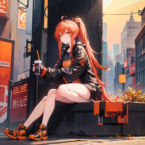 Cyberpunk. Autumn, orange leaf on the ground, sunny. Japanese like street. Redhair  cyborg girl with bang and ponytail, orange eyes, chubby, partially naked, cyberpunk streatwear, cyberpunk hairstyle