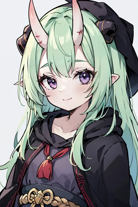 masterpiece, best quality, 4k, face close-up, portrait, 1girl, solo, beige hair, light green hair, pale green hair, long hair, purple eyes, small breasts, oni girl, oni horns, (skin fang:0.9), smile, closed mouth, black cloak, hood, medieval fashion, stand...