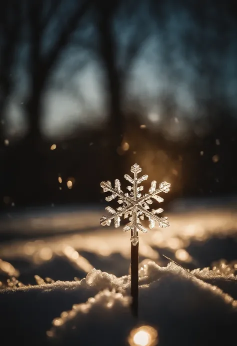 A snowflake caught in the sunlight, creating a mesmerizing play of light and shadow as it sparkles and glistens.