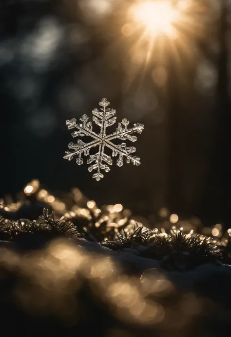 A snowflake caught in the sunlight, creating a mesmerizing play of light and shadow as it sparkles and glistens.