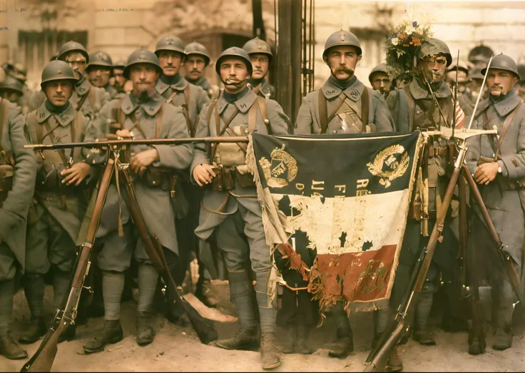 soldiers with rifles and helmets stand in front of a flag, ww1 photo, ww1 film photo, ww1, ww 1, wwi, 1914, 1 9 1 4, taken on a ...