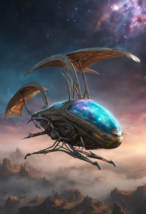 A beautifull and realistic animal ornithopter, biomecanic alien . Lot of textured and colored. a beautifull world it visible and galaxy too