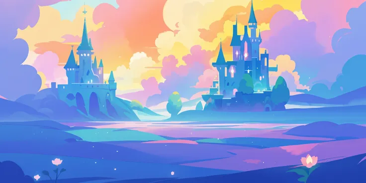 beautiful fantasy landscape, vibrant colors, (((otherworldly landscape))), whimsical landscape, cloud castle, huge clouds, ocean of clouds, watercolor illustration, disney art style, glowing lights, beautiful digital illustration, fantasia otherworldly lan...