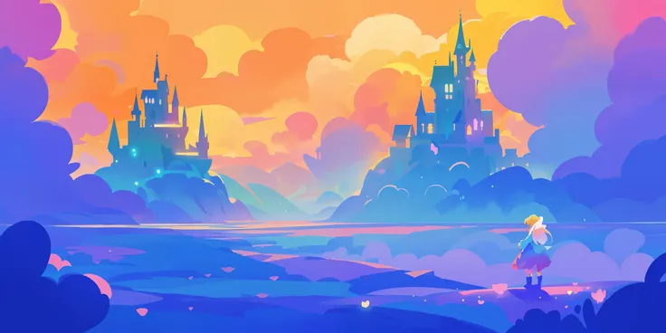 beautiful fantasy landscape, vibrant colors, (((otherworldly landscape))), whimsical landscape, cloud castle, huge clouds, ocean of clouds, watercolor illustration, disney art style, glowing lights, beautiful digital illustration, fantasia otherworldly lan...