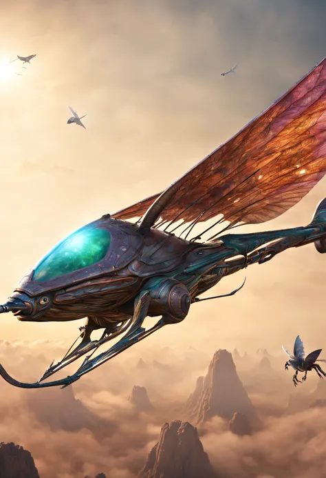 A beautifull and realistic animal ornithopter, biomecanic alien . Lot of textured and colored. a beautifull world it visible and galaxy too