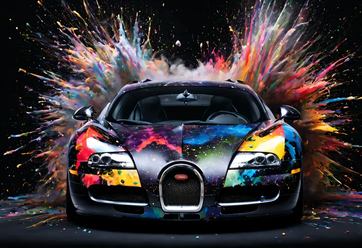 Bugatti Veyron, black background, paint exploding in the background