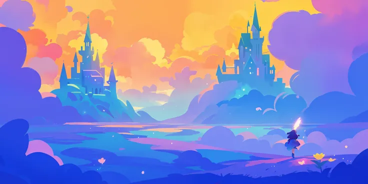 beautiful fantasy landscape, vibrant colors, (((otherworldly landscape))), whimsical landscape, cloud castle, huge clouds, ocean of clouds, watercolor illustration, disney art style, glowing lights, beautiful digital illustration, fantasia otherworldly lan...