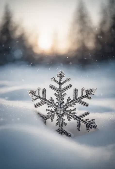 A snowflake caught in the act of landing on a snow-covered surface, capturing the moment of impact and the resulting pattern left behind