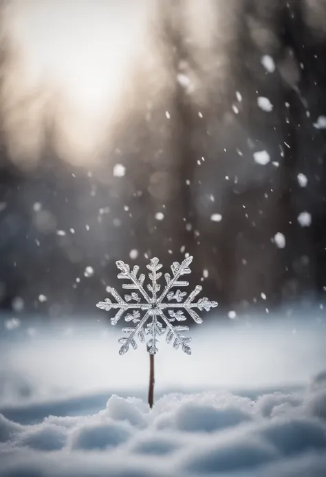 A snowflake caught in the act of landing on a snow-covered surface, capturing the moment of impact and the resulting pattern left behind