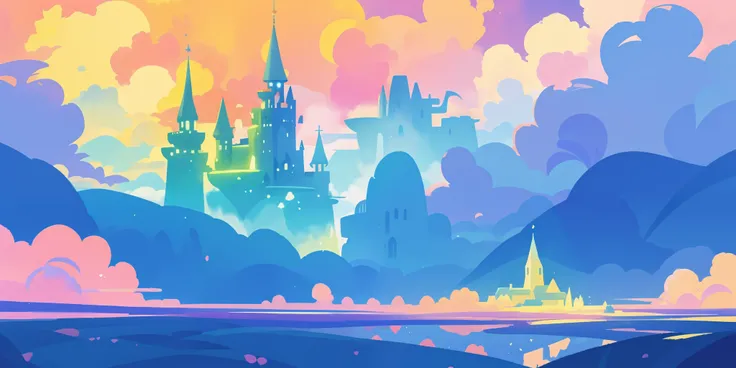 beautiful fantasy landscape, vibrant colors, (((otherworldly landscape))), whimsical landscape, cloud castle, huge clouds, ocean of clouds, watercolor illustration, disney art style, glowing lights, beautiful digital illustration, fantasia otherworldly lan...