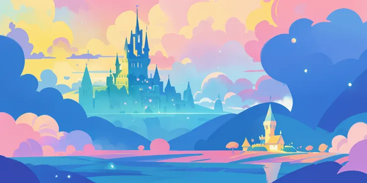 beautiful fantasy landscape, vibrant colors, (((otherworldly landscape))), whimsical landscape, cloud castle, huge clouds, ocean of clouds, watercolor illustration, disney art style, glowing lights, beautiful digital illustration, fantasia otherworldly lan...