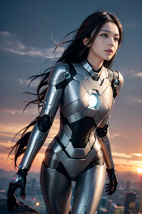 RAW, Masterpiece, Ultra Fine Photo,, Best Quality, Ultra High Resolution, Photorealistic, Sunlight, Full Body Portrait, Stunningly Beautiful,, Dynamic Poses, Delicate Face, Vibrant Eyes, (Side View) , she is wearing a futuristic Iron Man mech, very detaile...