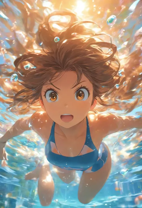 foreshortening,  depth of fields, masutepiece, Best Quality, 1girl in, Brown hair, Brown eyes,  Long hair, under the water, Air bubble, Solo, Looking at Viewer, School Swimsuit, Swimming,  Dappled sunlight,