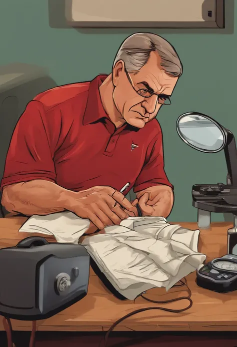 An image of the character angrily checking his cholesterol and blood pressure readings.,original,50 year old while male that is a football coach and is visibly upset