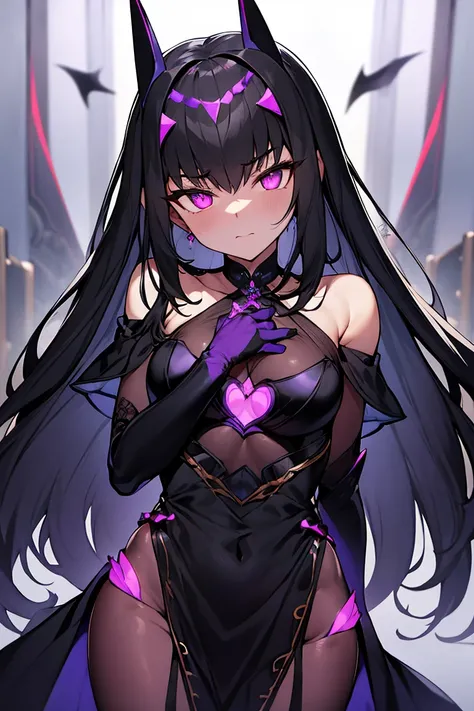 Black-haired woman,Dangerous aura around,scary purple eyes,Black gauze dress, thin, Yellow cloth covers all vital organs except the face...................., Wear a knee-length black dress.....................,The arm does not reach the top of the hip........