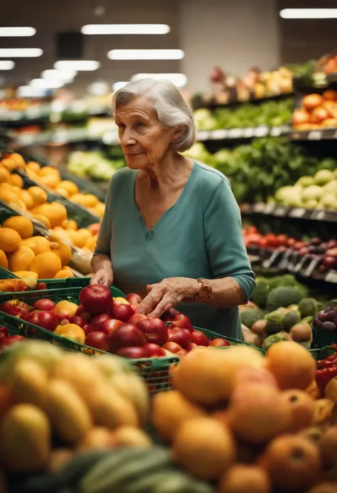 An old woman carefully selecting fresh fruits and vegetables from a colorful display at the supermarket, with her wrinkled hands reaching out to examine each item